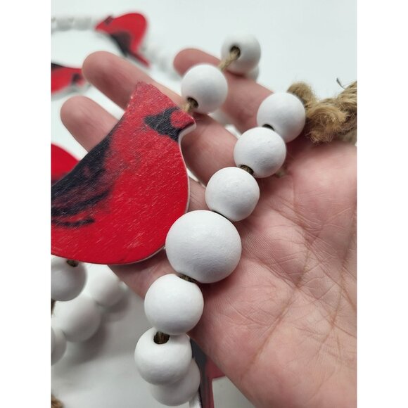 Red Cardinal Bird Wooden Garland White Balls Christmas Holiday 60 Inch Country - Picture 5 of 6